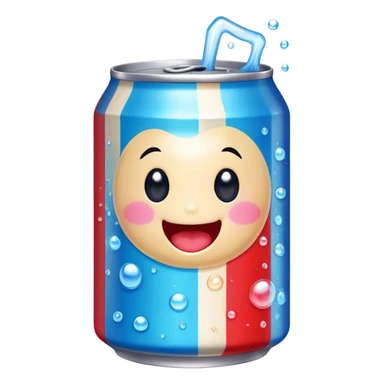 Cute Kawaii Soda Can, bubbly and vibrant, bright red and blue stripes, playful fizz popping around, a chubby happy face with wide sparkling eyes, energetic and refreshing! sticker