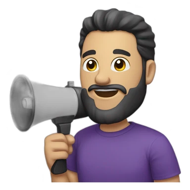 a white man with a black beard, holding a megaphone next to his mouth, he wears a purple tshirt, smiling, sticker
