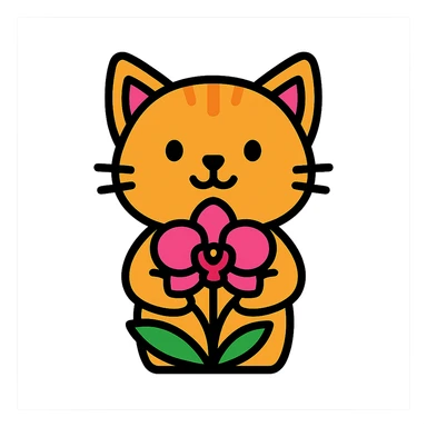 cat holding an orchid, lineal color icon with black outlines sticker