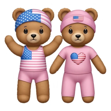 A light brown teddy bear wearing light pink clothes with a US flag print, and another with a Pilates band on its head and wearing sportswear. sticker