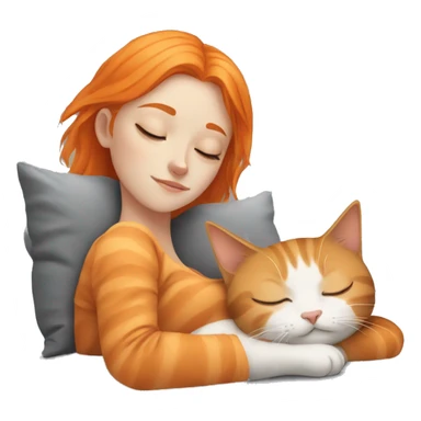 sleeping girl orange hair laying next to grey cat sticker