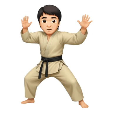 Jackie Chan in kung fu pose with his classic surprised expression, martial arts stance sticker