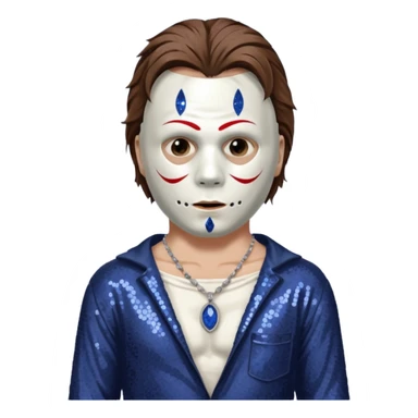 Michael Myers with white mask with brown hair, indigo sequin baggy pants, shirtless with necklace sticker