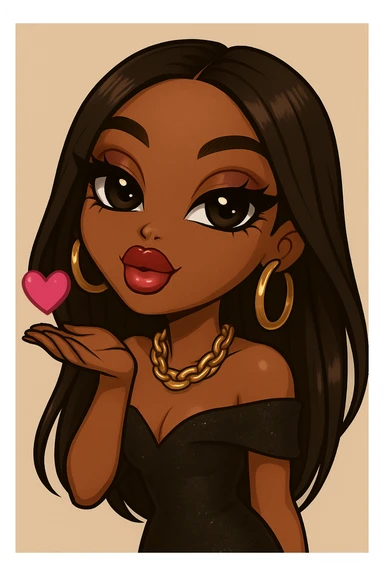 Change the pose to blowing a kiss, headshot only, keep her as a 20-year-old anime Bratz style woman with dark skin, dark hair, glamorous evening wear, big expressive eyes, glossy lips, and a happy expression. No tears. sticker