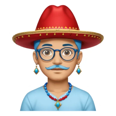 unique looking tourist with big unique red tourist sombrero and earrings, man with lots of tattoes and spectacles, blue hair showing sticker