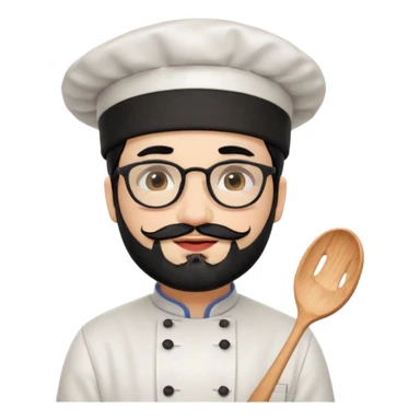 CHEF CON PIEL BLANCA, GORRO DE CHEF, PELO NEGRO Y BARBA NEGRA, OJOS MARRON OSCURO Y GAFAS DE PASTA NEGRAS. SONRIE Y TIENE MARCAS DE BESOS CON FORMA DE LABIOS EN LAS MEJILLAS (COMO MANCHAS DE PINTALABIOS) sticker
