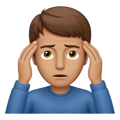  iOS emoji style - A stressed man stands and messages his temples. He has brown hair. Stress sticker