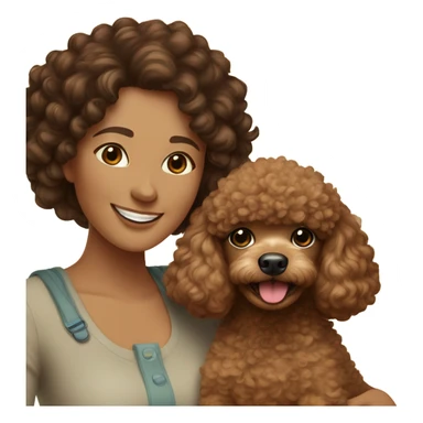 A mom with with brown curly hair and a brown daughter with black curly hair taking a photo and with the mom is holding a toy poodle dog  sticker