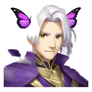 Oberon Voltigern in Fate/Grand Order has long white hair, glowing violet eyes, and translucent butterfly-like wings. He wears an elegant purple and gold coat, exuding a majestic and enigmatic presence fitting his role as the fairy king. sticker