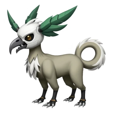 Shiny Black Grey White and Dark-Green Trico-Skarmory-Silvally-Skiddo-Sprigatito-Absol-fusion (full body) with and edgy white horned skull mask face sticker