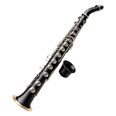 Create a sleek and professional emoji representing a black standard clarinet. The design should feature a smooth, glossy black body of the clarinet with shiny, silver keys clearly visible. Highlight the intricate details of the mouthpiece and reed at the top, while the body of the instrument should remain simple and elegant. Add subtle musical notes or soundwaves floating around the instrument to symbolize its clear, melodic sound. Use black for the body, silver for the keys, and soft lighting effects to give the instrument a polished, sophisticated look. The background should be transparent. sticker