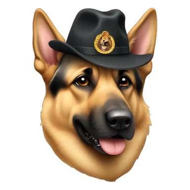 German Shepard with a hat sticker