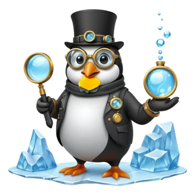 a steampunk engineer penguin analysing a matrix-like data stream descending from the sky, with a magnifying glass on top of an iceberg sticker