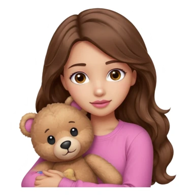 girl with long wavy brown hair, brown eyes, light to medium complexion, in a pink shirt, pink lips, long lashes, hugging a teddy bear sticker
