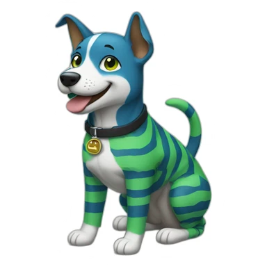 a blue and green striped dog-fursona smiling sticker