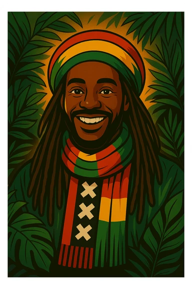 “Create a powerful illustrated portrait of a smiling man with long dreadlocks, wearing a colorful red, gold, and green knitted tam. The background has jungle leaves and warm lighting. Style: vibrant digital art, modern, bold lines, reggae vibe. With a Amsterdam colour scarf around his neck I gave a idea sticker