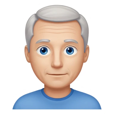 Middle aged man with receding grey hair and no beard, blue eyes, shy smile sticker