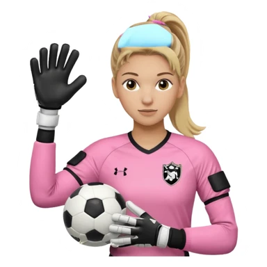Make a dirty blonde football goalkeeper with goalkeeper gloves on. light skinned and wearing a light pink football kit. Wearing one ponytail on back of head. Make it without the whole body. With full sleeves. No RUGBY BALl.  BLACK AND WHITE BALL.  Holding the ball regularly sticker