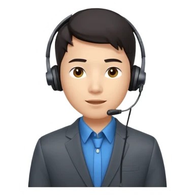 A young Asian man with smooth light skin, dark hair that swoops upward in the front, expressive eyes, a clean-shaven face, and a call-center style headset over one ear, usually paired with a crisp shirt and suit jacket visible from the chest up. sticker