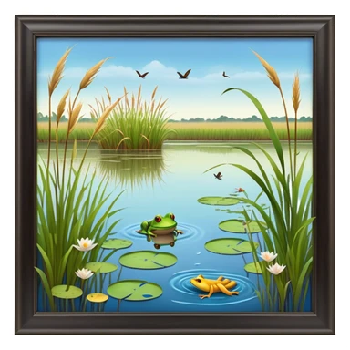 Cinematic Realistic Wetlands Emoji in a wooden frame, Peaceful and serene, with tall grasses swaying in the breeze and soft, muddy waters reflecting the sky above. Small birds and insects flit among the reeds while lily pads float lazily across the surface, punctuated by the occasional croak of a frog or splash of a fish. Soft glowing outline, capturing the essence of a calm, tranquil wetland brimming with life and natural beauty. sticker