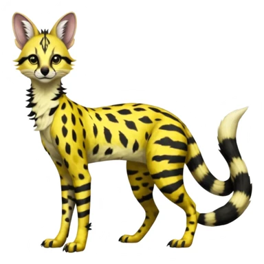 Edgy cool beautiful elegant spotted hype-realistic, black-maned, vibrant yellow Genet-Serval-Sergal-Margay-Fox-fusion-hybrid-furry-fursona, tall long body, long muzzle snout, full body, with a long puffy fluffy black-and-white-striped tail, black long big ears, with natural blue eyes sticker