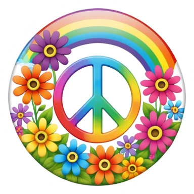 A round psychedelic colored button with the word Peace in the center surrounded by rainbow colored hippie style flowers sticker