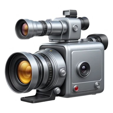 Minimal emoji icon of a huge cinematic metalic camera, front view, realistic lens, no gold sticker