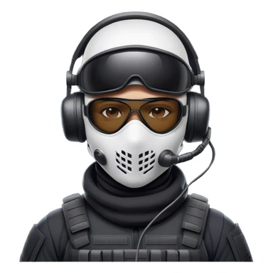 Futuristic special forces soldier wearing a white full-face balaclava, black wraparound sunglasses, and a high-tech military headset with a microphone. Dressed in a dark tactical uniform with modern combat gear. The lighting is dramatic, emphasizing a sleek and professional covert operative look. sticker