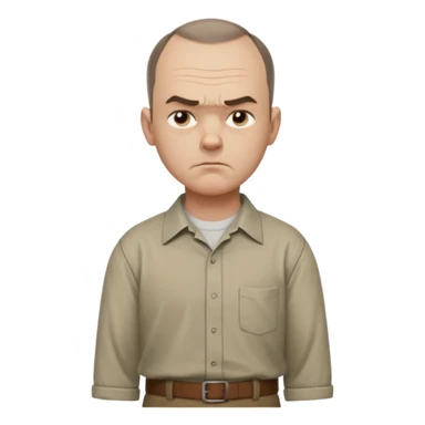 Carl from Sling Blade, serious expression, recognizable features, chin sticking out, slouching posture, no glasses, shirt with collar,  side view,show his entire body, he is standing. three-quarter face angle. He sticks his head forward sticker