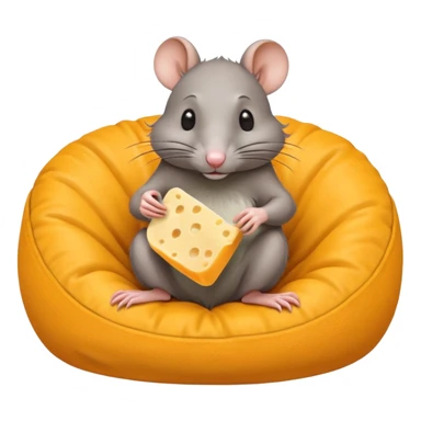 rat sitting in bean bag chair while eating cheese sticker