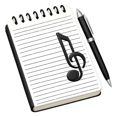 Minimalistic flat vector icon, iOS style, thin black contour on white background. Small notebook with a musical note on the cover, a pen placed next to it. Clean, modern, no text, no shadows. sticker