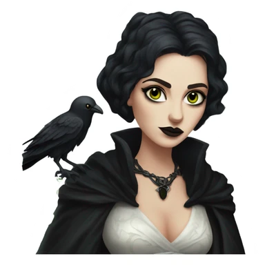 the morrigan goth woman version vines style furr robe stylish boots, perfect eyes, raven on hand, green vines decor on ground sticker