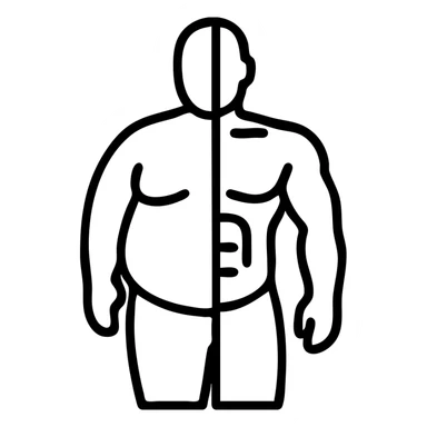 divided icon: one side heavyset undefined body, other side chiseled muscular body, obvious split and easily distinguished physiques sticker
