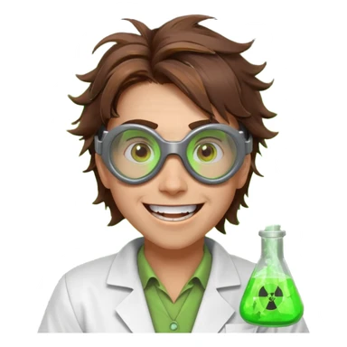 mad nuclear scientist portrait, head and shoulders only, messy hair, cracked goggles, glowing radioactive green light, excited crazy smile, 3D cartoon, mobile game icon style, clean background, no text, no watermark
 sticker