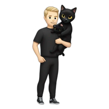 white man with black hair wearing tracksuit holding a black cat like a baby in arms sticker