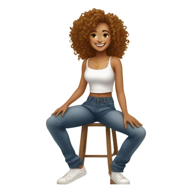 Woman with caramel coloured skin, curly hair, gold hoop earrings, white crop top, low waisted baggy jeans, smile sticker