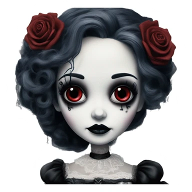 tim burton corpse bride, porcelain doll with a cracked face, goth makeup, long hair, lace and ruffles, lolita style, inked, black and white, red roses sticker