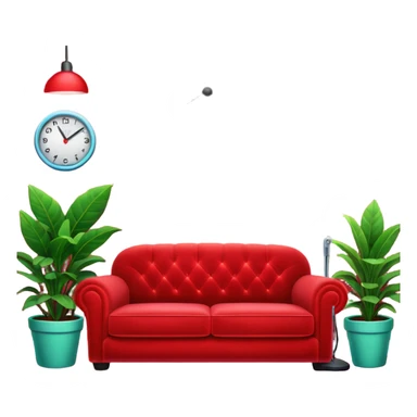 red velvet couch, mic in front, houseplants in back, and a neon sign saying "karaoke", and NO PEOPLE IN IT sticker