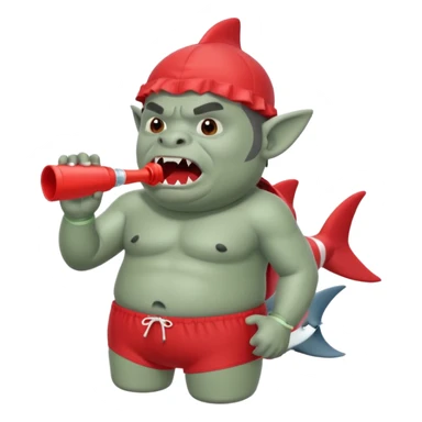 orc male in shark floatie, blowing whistle. Red swim trunks sticker
