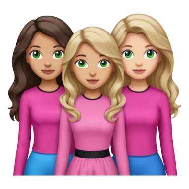 Three women, green eyed light skin with dark blonde long hair and Brown eyed light skin black long wavy hair and blue eyed light skin long blonde hair wearing cute pink outfits sticker