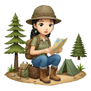 A braid black hair backpacking woman checking her map with curious eyes while walking wear camping hat and dirt covered boots full body sticker