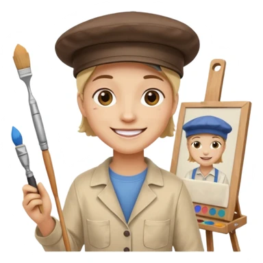 emoji of a professional painter, painting on an easel, wearing a painter's hat, happy sticker