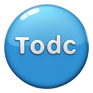 A glossy, three-dimensional emoji pin badge showing the text "TODOC". The font is modern, rounded, sans-serif, and colored in a professional medical blue. The badge has soft edges and reflections, in the style of Apple emojis. White background. sticker