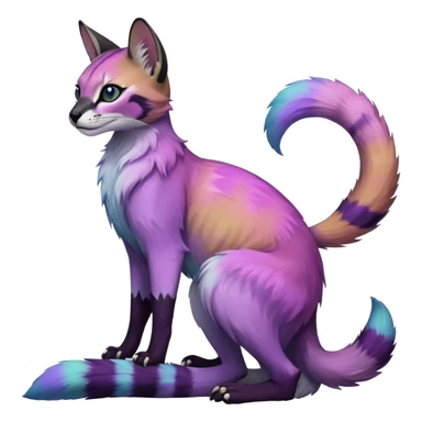 Colorful black-violet-indigo-purple-gradients nebulae nebula starry galactical shiny tropical pale light fruity pastel white glorious iridescent divine exotic cute cool beautiful realistic antasy-caracal-civet-genet-sergal-vernid-Cacomistle-Trico-oncilla-animal-Fakémon-hybrid-fursona (full body) sticker
