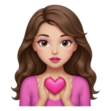 girl with long wavy brown hair, brown eyes, long lashes makeup, sexy pink lips, light to medium complexion, wearing a pink sexy top, sexy , puckering, blushing, kissing a heart sexy sticker