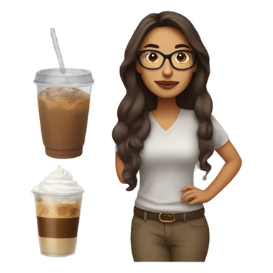 Hispanic woman with long brown hair wearing glasses holding an iced coffee in a clear cup.  sticker