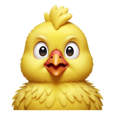 Cinematic Comical Yellow Baby Chicken Portrait Emoji, Head tilted dramatically with an exaggeratedly amused expression, featuring a striking, fluffy yellow downy coat with a tiny quirky red comb, wide, expressive beady eyes filled with playful disbelief, Simplified yet hilariously expressive features, highly detailed, glowing with a slightly sassy glow, high shine, dramatic yet playful, stylized with an air of cheeky mischief, bright and endearing, soft glowing outline, capturing the essence of a spirited and over-the-top chick, so meme-worthy it feels like it could peep its way into internet fame instantly! sticker