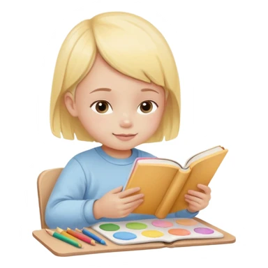 Flat illustration emoji of a small child sitting and reading a book with colored pencils or paint palette nearby, happy and peaceful expression, soft pastel colors (yellow, light blue, soft pink), rounded shapes, minimal details, child-friendly, warm and gentle style sticker