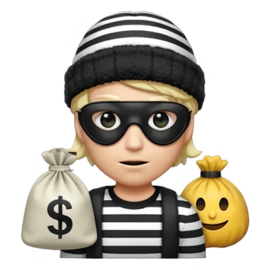 a short ios emoji-style portrait of a classic burglar, a black eye mask and a black-and-white striped shirt. emoji-like hair, black winter-like hat, a bag of money 💰 with a dollar sign in a right corner, evil expression WITHOUT a hand  sticker