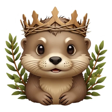 cute confused otter face with natural twisted thorny bramble branches wrapped around head, wooden Crown of thorns sticker